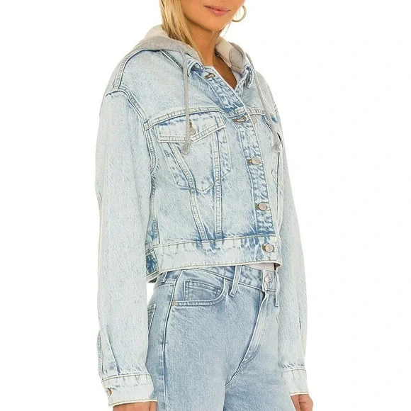 We the Free People Brando Denim Hoodie Jacket Malta Acid Wash Size XS Cropped - Picture 4 of 13